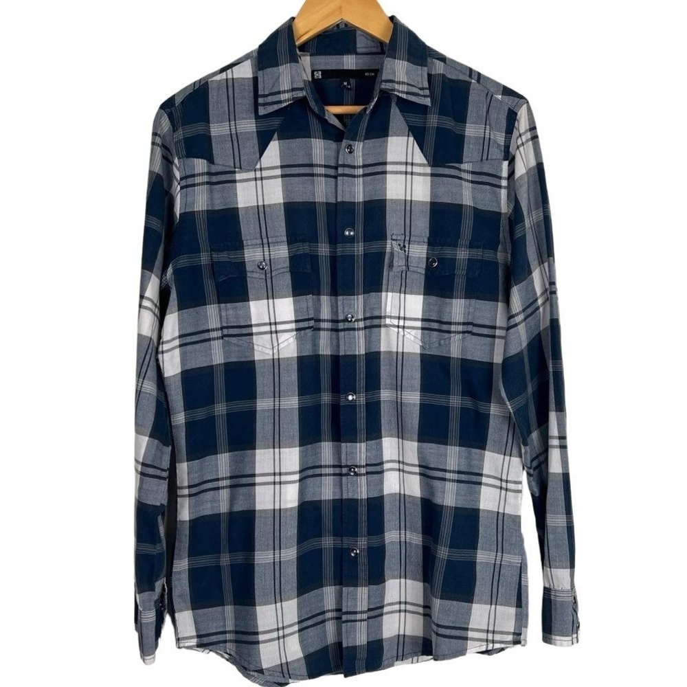 KR3W Flannel Shirt Mens Size M Blue Plaid Western Pearl‎ Snap Rodeo Cowboy